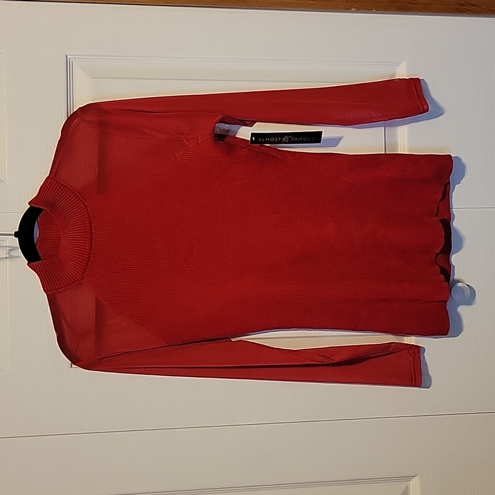 NWT Almost Famous Women's Red Mock Neck Sweater With Mesh Sleeves